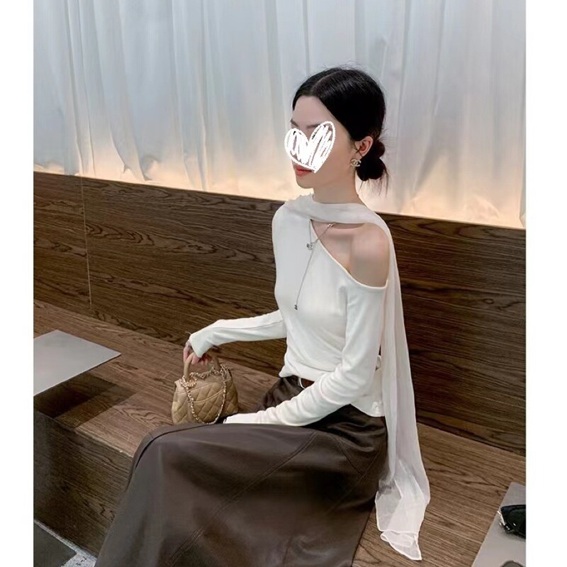 飘带设计纯色不对称斜肩长袖恤女2025秋修身显瘦上衣白色黑色|undefined