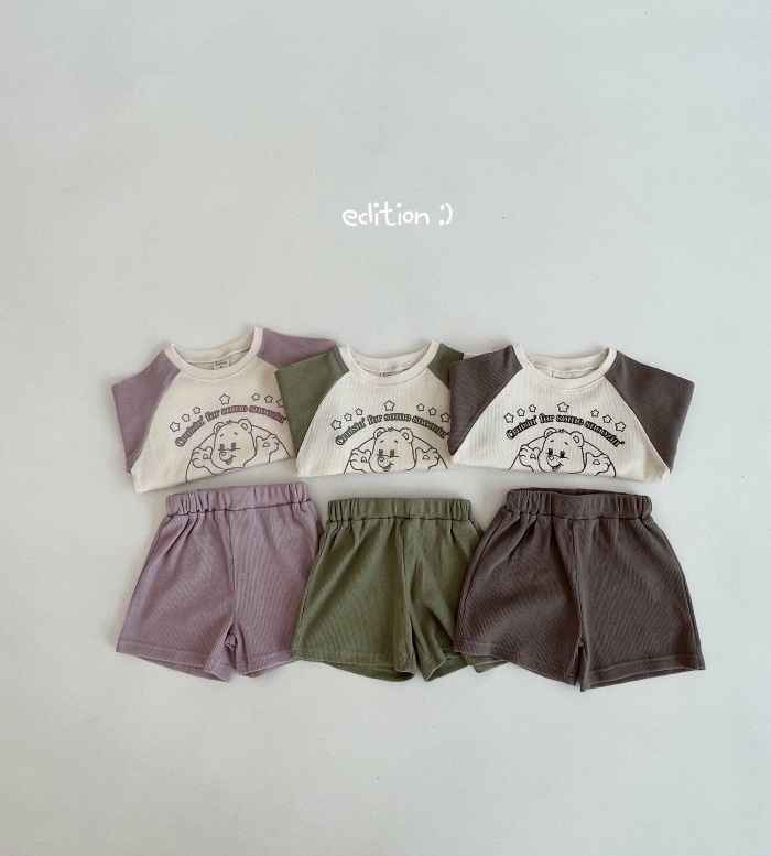 Korean Children's Wear New Summer Boys and Girls Baby T-shirt Short Sleeve Cartoon Top Shorts Waffle Casual Set
