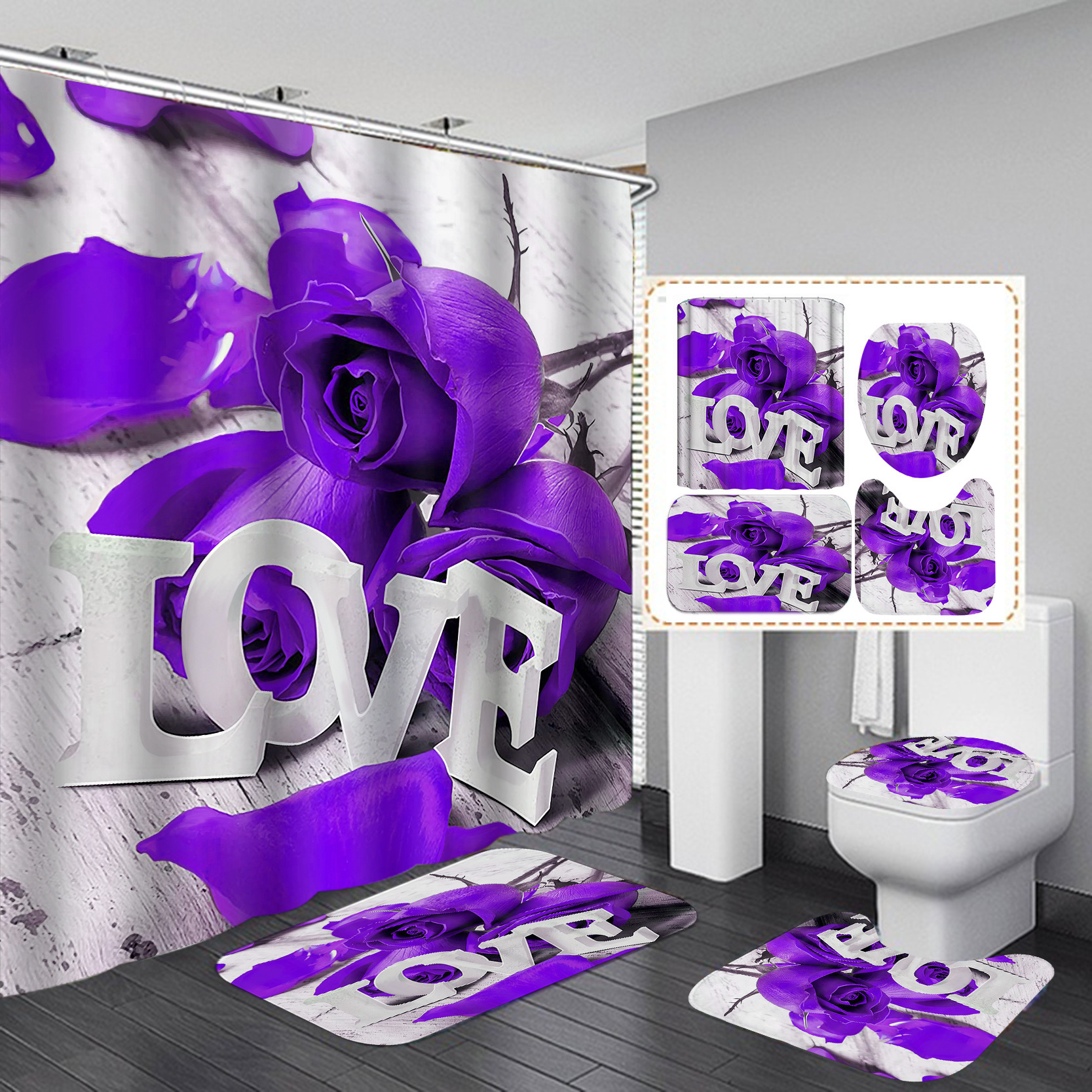 Cortina de baño impermeable y seca rápida, almohadilla de inodoro, baño transfronterizo, conjunto de cuatro piezas, cortina de aislamiento de baño antideslizante impresa en rosa image 35