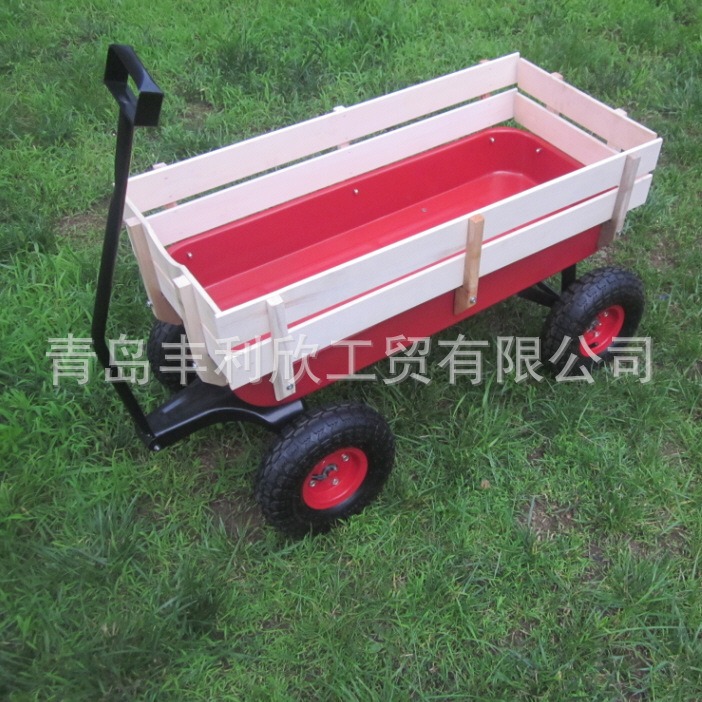 儿童木板花园锄草施肥工具车 手拉木质拖车 厂家直供 红 蓝色