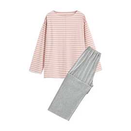 无印日式良品无侧缝睡衣天竺棉条纹针织棉家居服男女情侣纯棉睡衣