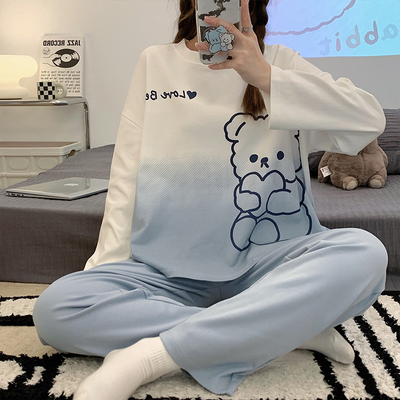 Pijamas de las mujeres de primavera y otoño estudiante ins dormitorio se puede usar fuera suelta más tamaño de dibujos animados de manga larga traje homewear