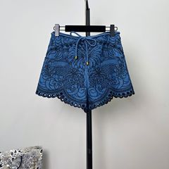 高品質花柄中空かぎ針編み刺繍レーススプライシングデニムショートパンツレディースベルト中国風レースワイドレッグパンツ