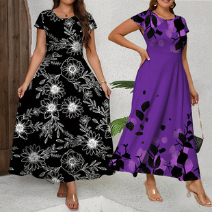 2025 Cross-Border Amazon European and American Popular Plus Size Women's Elegant Short-Sleeved Dress