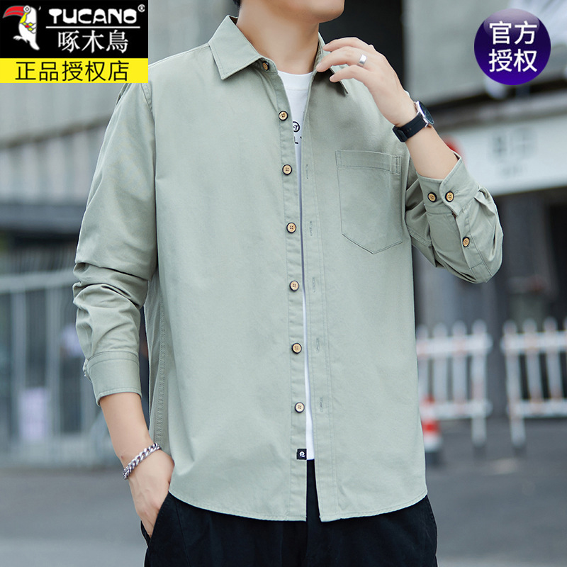 正品啄木鸟棉质男士长袖休闲衬衫宽松工装衬衣外套男寸衫男装春秋