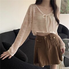 Vネックショートニット日焼け止めカーディガン女性用夏の新しいショール薄い中空ブラウスジャケット
