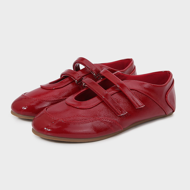 ZA2025 Summer New Women's Shoes Red Patent Leather Effect Double Strape Sports Ballet Flats Women's Shoes