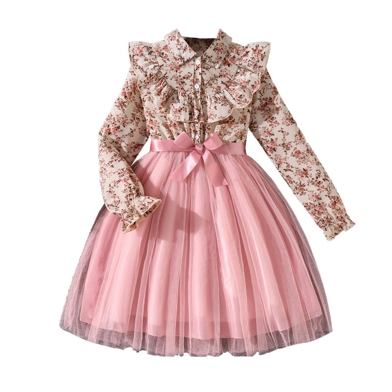 Vestido de niña 2026 otoño nuevo comercio exterior de manga larga flor impresión regalada cintura malla vestido princesa image 5