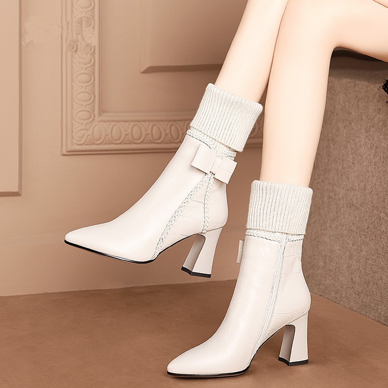 Short Boots for Women 2025 Autumn and Winter New Style Bow Embossed Plaid Thick Heel Boots Boots Woolen Tube Women's Shoes