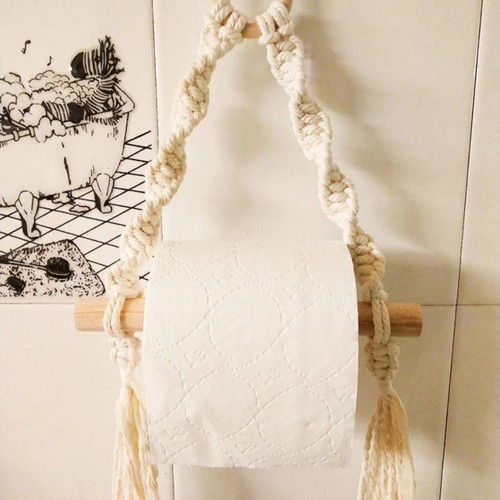 Nordic Style Wall-mounted Wooden Rod Cotton Rope Paper Towel Holder and Towel Rack Shelf for Bedroom Living Room Hand-woven Homestay Decor Tapestry