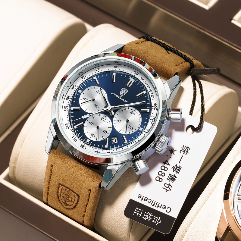 Swiss Brand New Men's Watch with Leather Strap, Multifunctional Quartz Wristwatch, Live Broadcast, Popular Foreign Trade Item, Dropshipping Available