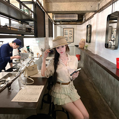 kubiliv松弛holiday法式松弛感亚麻正肩衬衫上衣蛋糕裙两件套