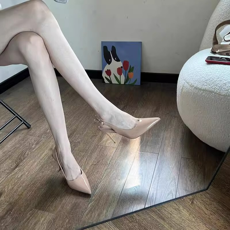 New Style Pointed-Toe Black Nude Patent Leather Shallow High-Heeled Shoes for Women, Thin-Heeled Single Shoes, Breathable Sandals for the Office