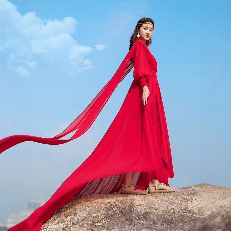 Red Chiffon Dress for Women to Take Photos with Long Sleeves, Desert Elegant, Large Hem, Seaside Vacation Beach Skirt, Long Skirt
