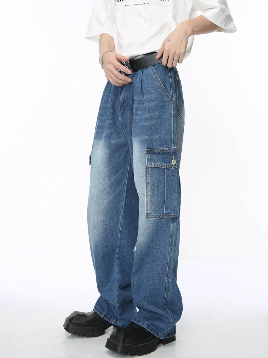 Mtlclothes ropa de Hombre | 2024 Four Seasons New American retro multi-Bolsillo suelto lavado jeans hombres