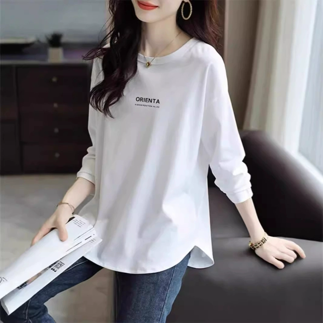 Футболка с длинными рукавами из хлопка женская 2024 новая осенняя средняя длинная нижняя рубашка