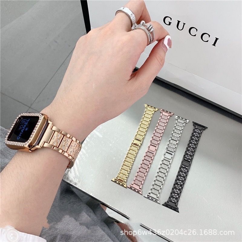 适用于苹果applewatch智能手表带三珠镶钻时尚百搭S10金属S11钢带