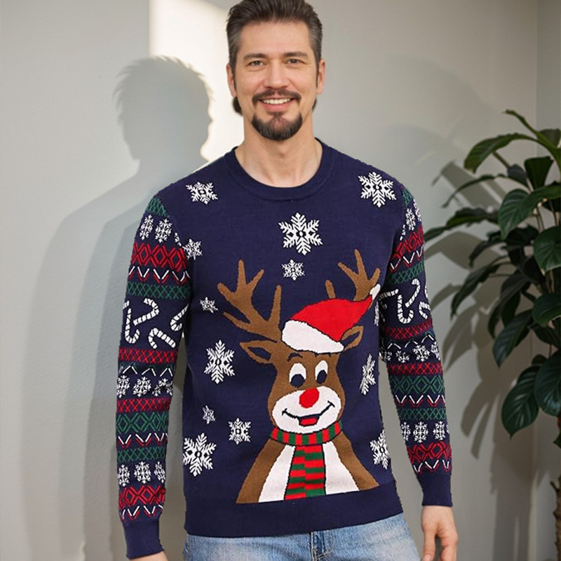 Amazon Cross-border New Men's Knitwear Christmas Casual Slim-fit Lazy Style Round Neck Wool Stitching Knitwear