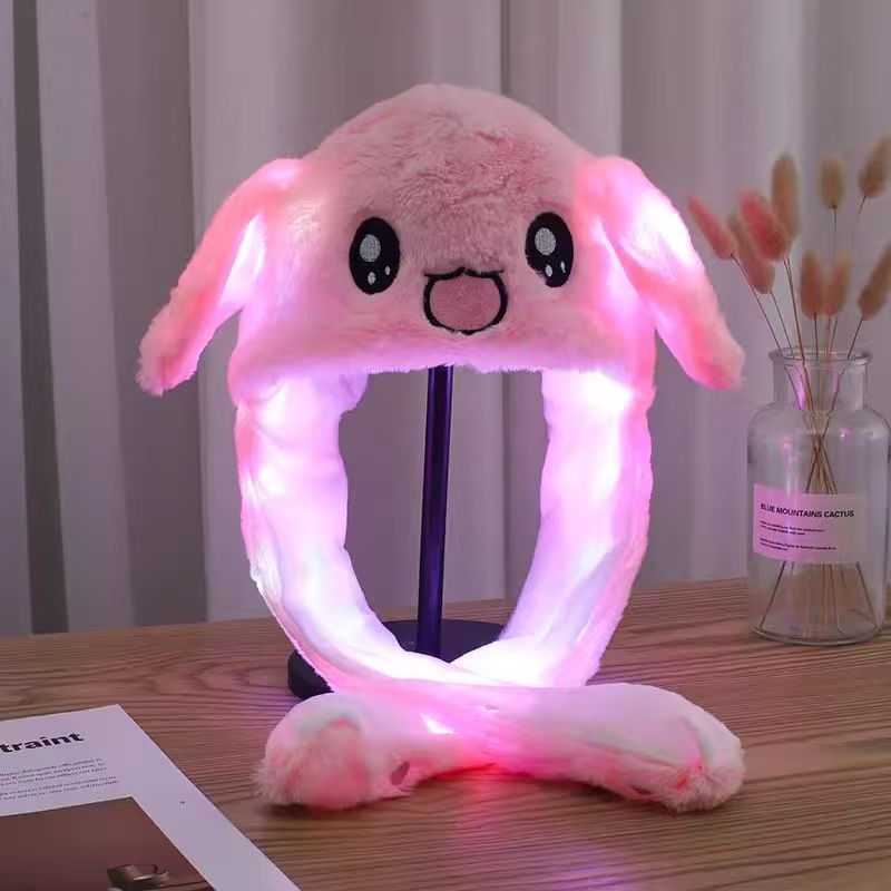 跨境热销抖音发光毛茸茸卡通风清新甜美耳朵会动毛绒帽一捏耳朵会