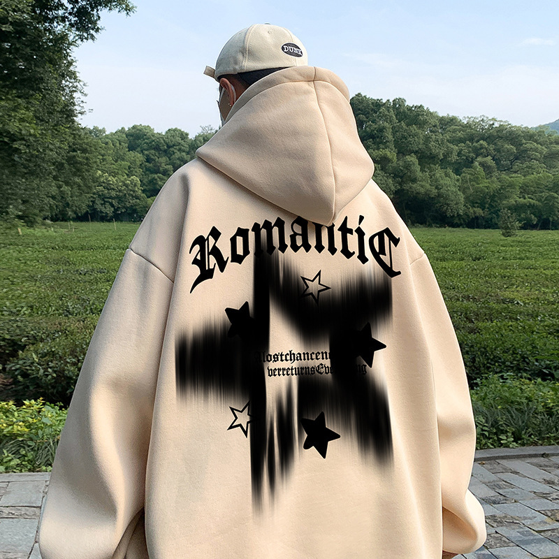 American retro heavy hooded sweater men's autumn and winter fleece-lined thick oversize fashion brand high street loose coat