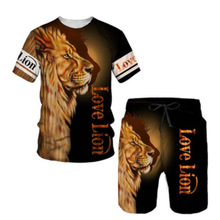 廠家直銷跨境熱賣3D數碼印花短袖T恤圓領叢林之王獅子圖案T恤套裝