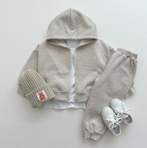 Korean children's clothing set, unisex zipper pullover hoodie and pants two-piece set for small children