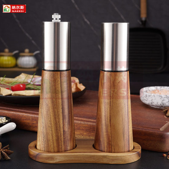 Acacia wood manual stainless steel pepper mill black pepper pepper sea salt grinder with base seasoning bottle suit