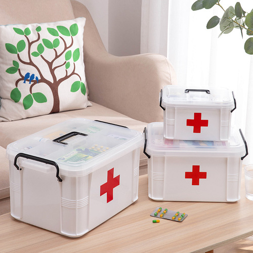 Portable Home Medical Supply Box with Double Layers and Divided Compartments, Medicine Organizing Box with Lid, Simple Medicine Box