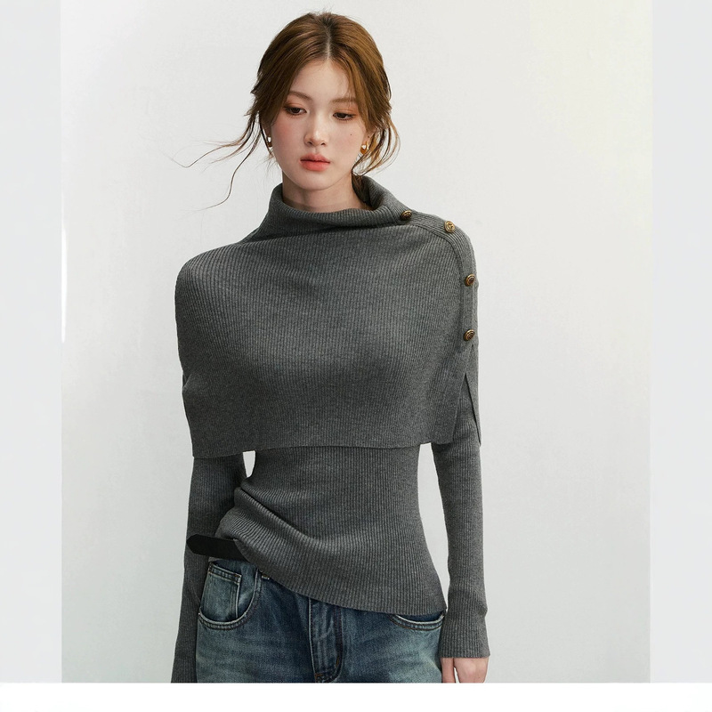 QDQD Stylish Design Sweater High Collar Knit Cardigan Two-Piece Set Gray Textured Slim-Fit Sweater QDQD Stylish Design Sweater High Collar Knit Cardigan Two-Piece Set Gray Textured Slim-Fit Sweater