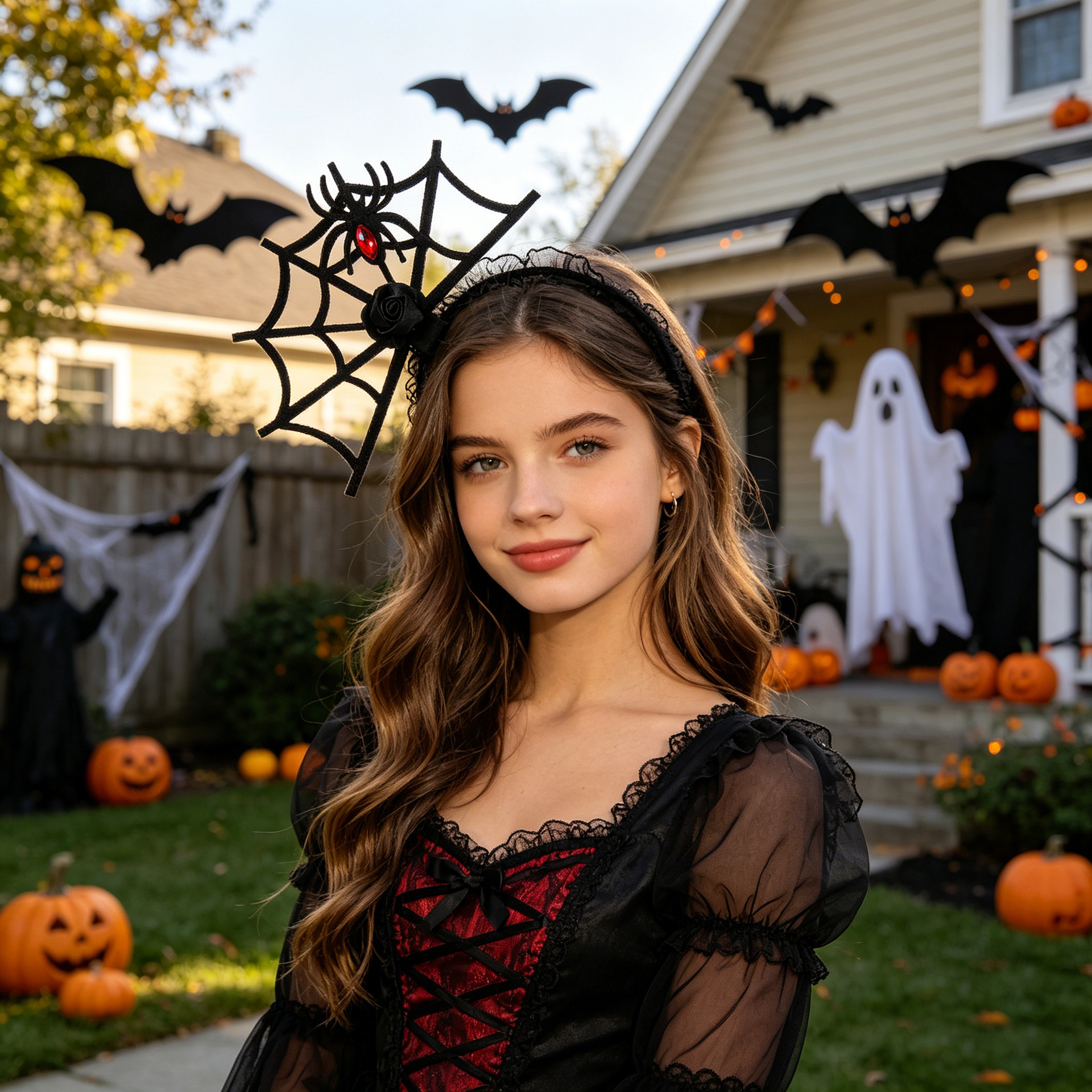 Halloween tela de araña tema de cabello negro tela de araña cabello vestido espectáculo calabaza cabello gato negro