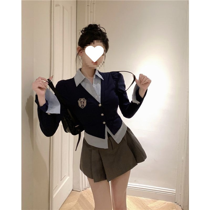 美式复古套装女甜辣衬衫上衣秋季百褶半身裙学院风裙子辣妹两件套