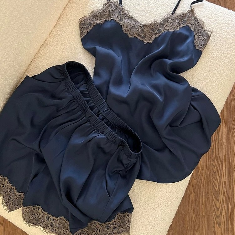 Navy blue French-style ice silk pajamas with chest pads, women's camisole and shorts, summer lace trim sexy home wear set Navy blue French-style ice silk pajamas with chest pads, women's camisole and shorts, summer lace trim sexy home wear set