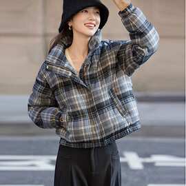 2026复古格子宽松立领小个子保暖棉服女短款学生外套冬季新款加厚