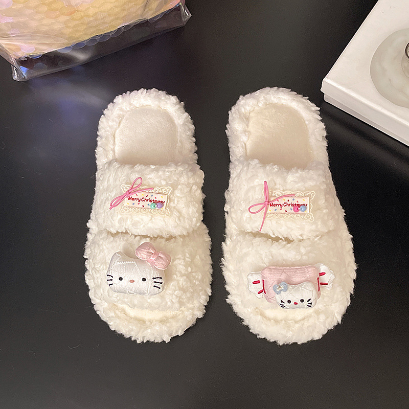 毛毛拖鞋女可爱卡通猫咪家居懒人棉拖冬季户外防滑保暖露趾一字拖|undefined