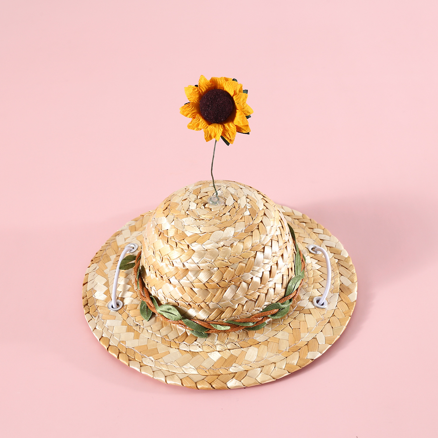 Sombrero de paja de verano para mascotas (gatos, perros, conejos) con diseño de margaritas pequeñas y hojas de sauce, accesorio decorativo lindo para mascotas, sombrero de celebridad de internet, accesorio de fotografía, estilo caricatura