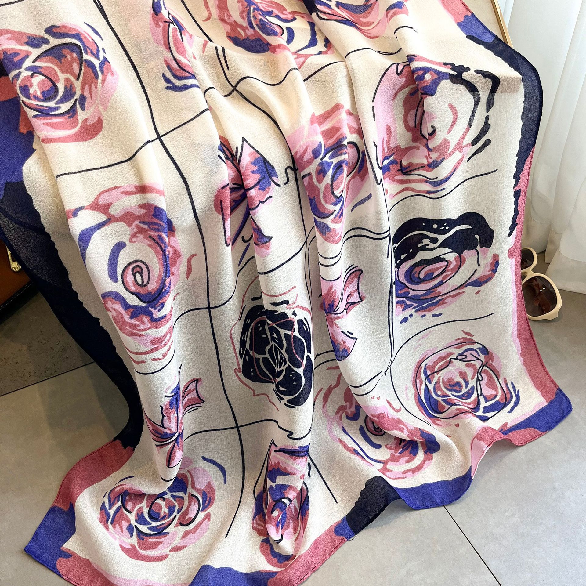 2023 Spring and Autumn New Cotton and Hemp Scarf Women's Little Fragrant Wind Mountain Camellia Fashion Versatile Shawl_voghion.com