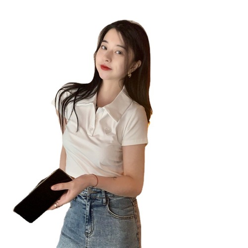 6535 cotton summer Korean version  new slim fit embroidered POLO collar hot girl style short short-sleeved T-shirt for women