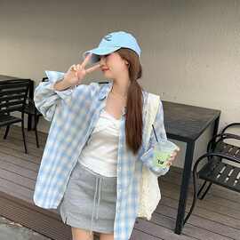 蓝白格纹衬衫女春夏美式学院宽松百搭格子上衣长袖防晒衬衣外套薄