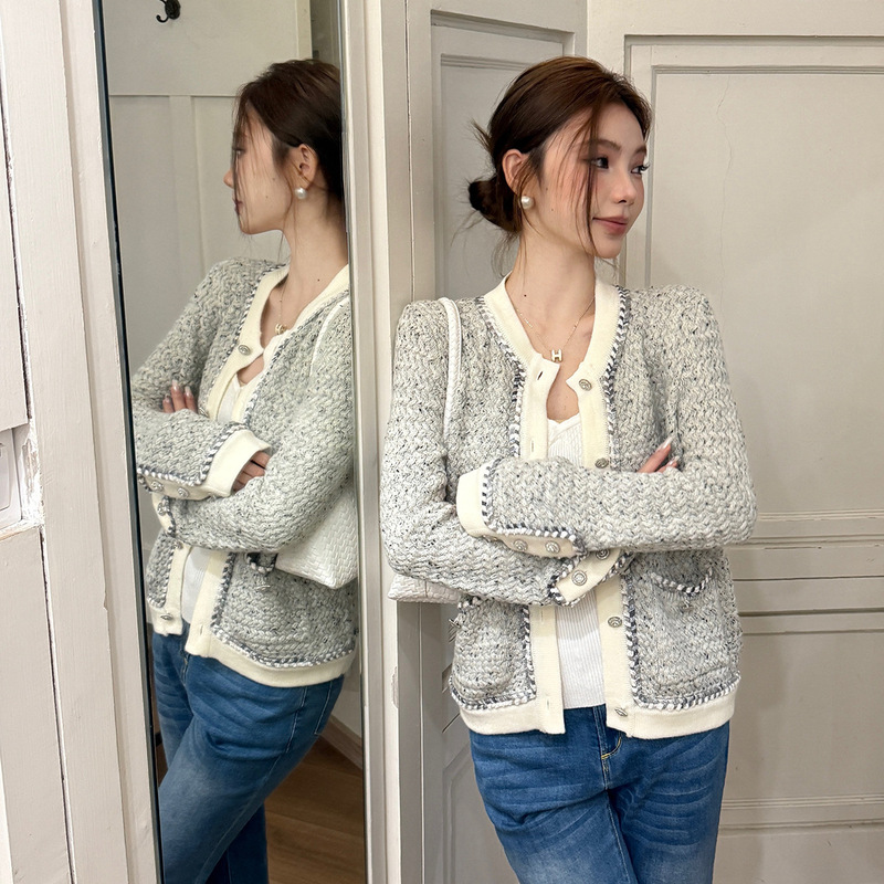 "Silver Frost" Silver-gray Wool Blend with Fragrant Edge All-match Knitted Cardigan Jacket Tops Knitted Sweater "Silver Frost" Silver-gray Wool Blend with Fragrant Edge All-match Knitted Cardigan Jacket Tops Knitted Sweater