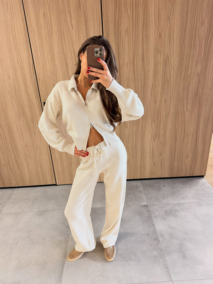 Bộ đôi áo cardigan len cổ polo dáng ngắn khóa kéo và quần dài dệt kim dây rút phong cách Âu Mỹ — Màu be, Màu nâu, màu xám, màu đen chi tiết 6