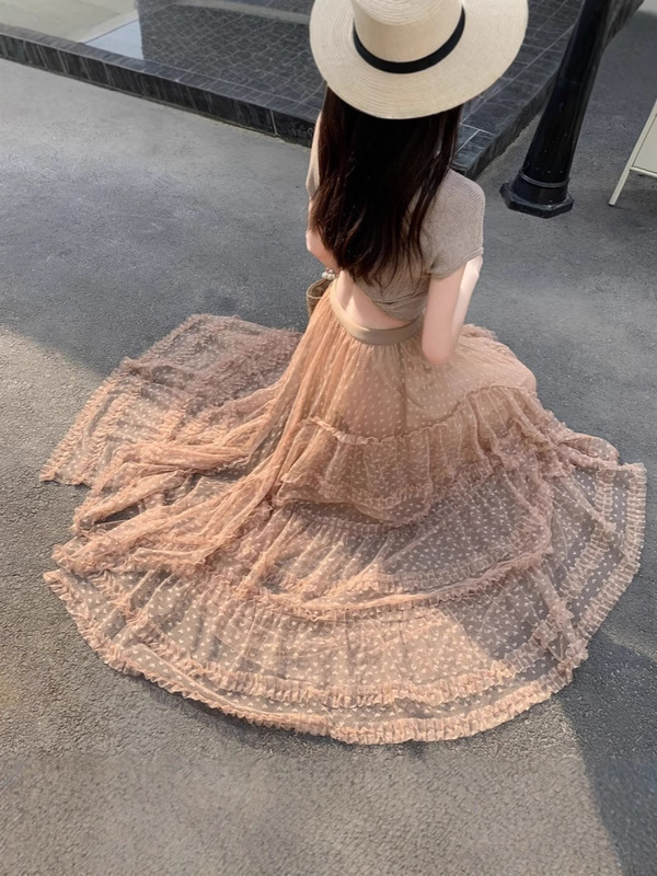 大きな裾ジャカードラブメッシュスカートプラスサイズの女性の 2025 新しいガーゼスカートふわふわスカート妖精ケーキロングスカート|undefined