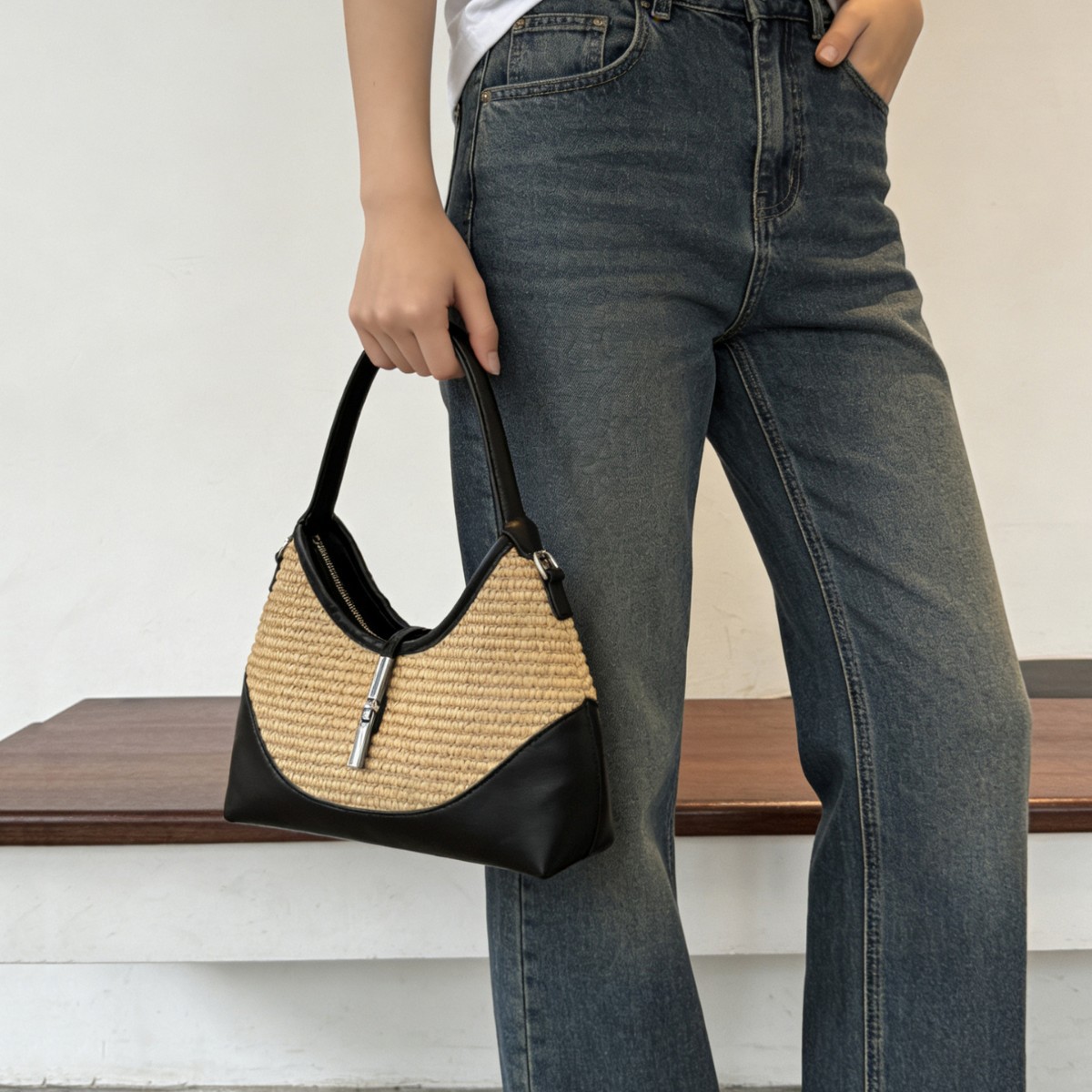 Handmade Rattan Shoulder Bag With Leather Trim Eco-friendly Basket_voghion.com