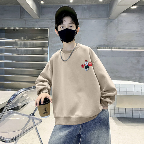 Boys' spring and autumn sweatshirts 2024 new medium and large boys' letter solid color bottoming shirts children's autumn children's clothing trend