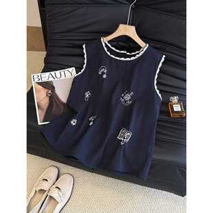 High-End European Summer New Design Niche Cartoon Embroidered Lace Round Neck Sleeveless Vest Shirt Tops for Women