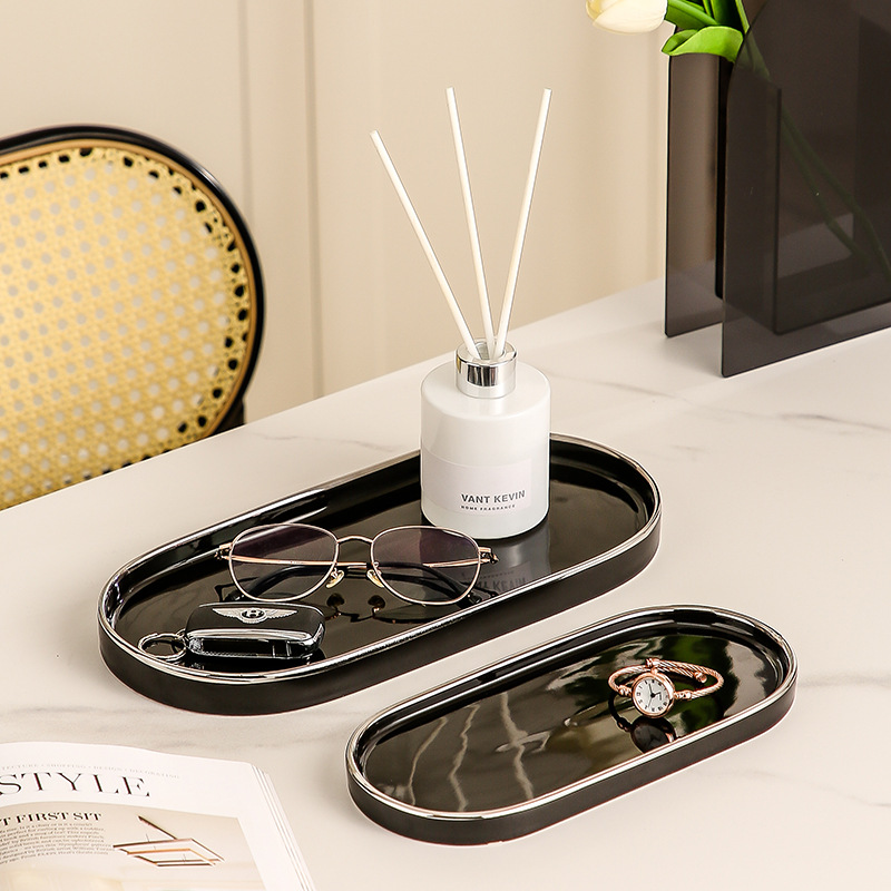 Luz de lujo placa ovalada de cerámica bandeja de baño hogar Baño encimera de almacenamiento bandeja decorativa suministros de hotel plato de cena
