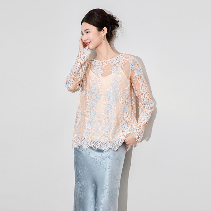 Áo sơ mi ren jacquard phong cách Pháp thanh lịch tay dài — Màu hồng