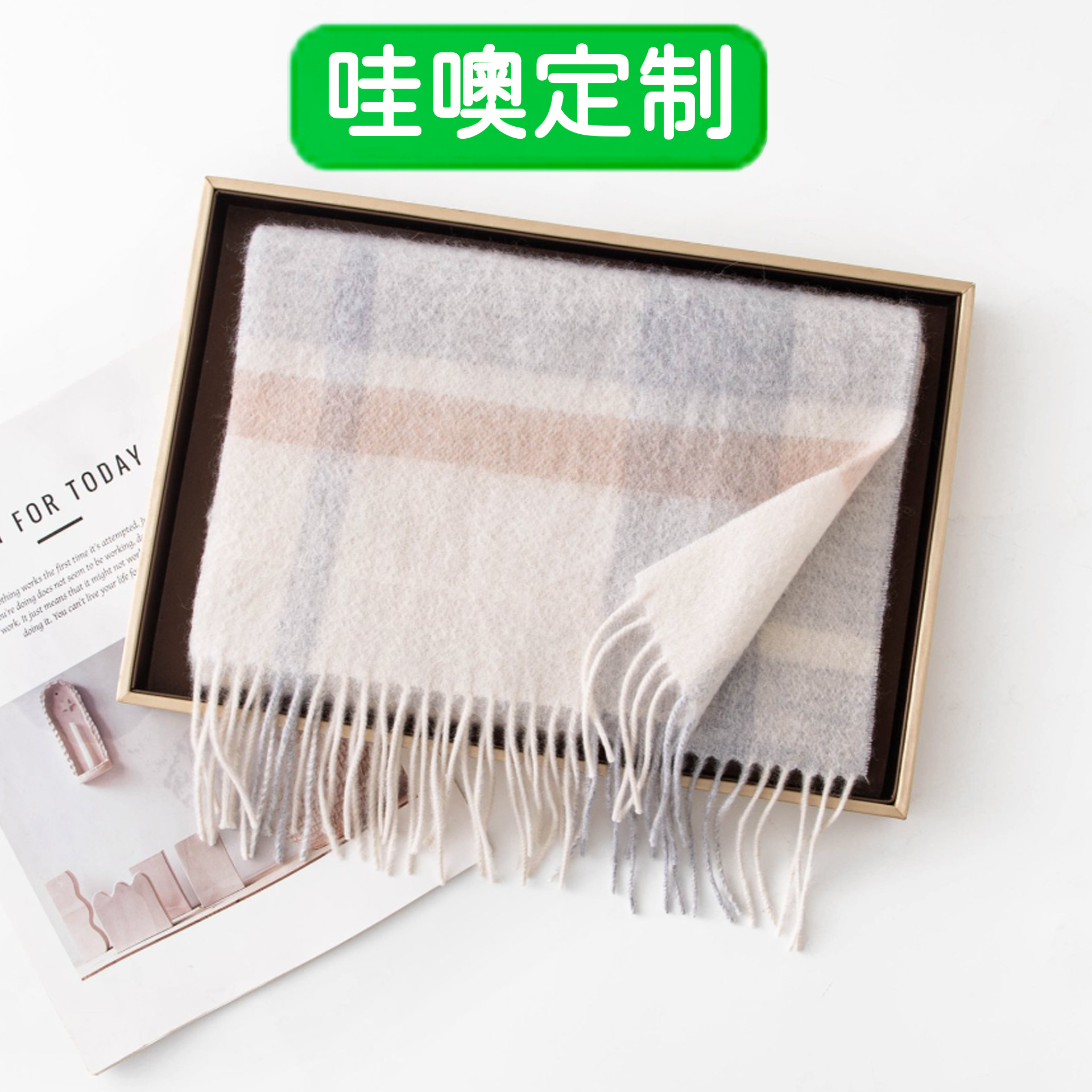 定制法式拼色100%纯羊毛格子围巾女秋冬季高级感百搭保暖围脖情侣