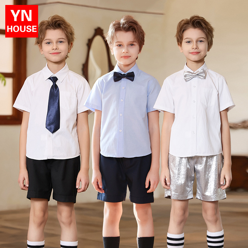 Traje de vestir para niños Traje de actuación de manga corta de verano para niños Anfitrión de piano Traje de interpretación de recitación del Día del Niño al por mayor