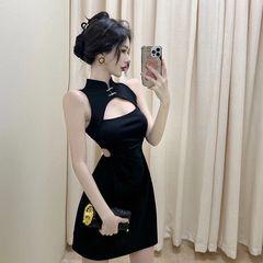 2025 夏の新レトロ黒人少女若いショート改良されたアンカー A ラインドレス痩身チャイナドレス