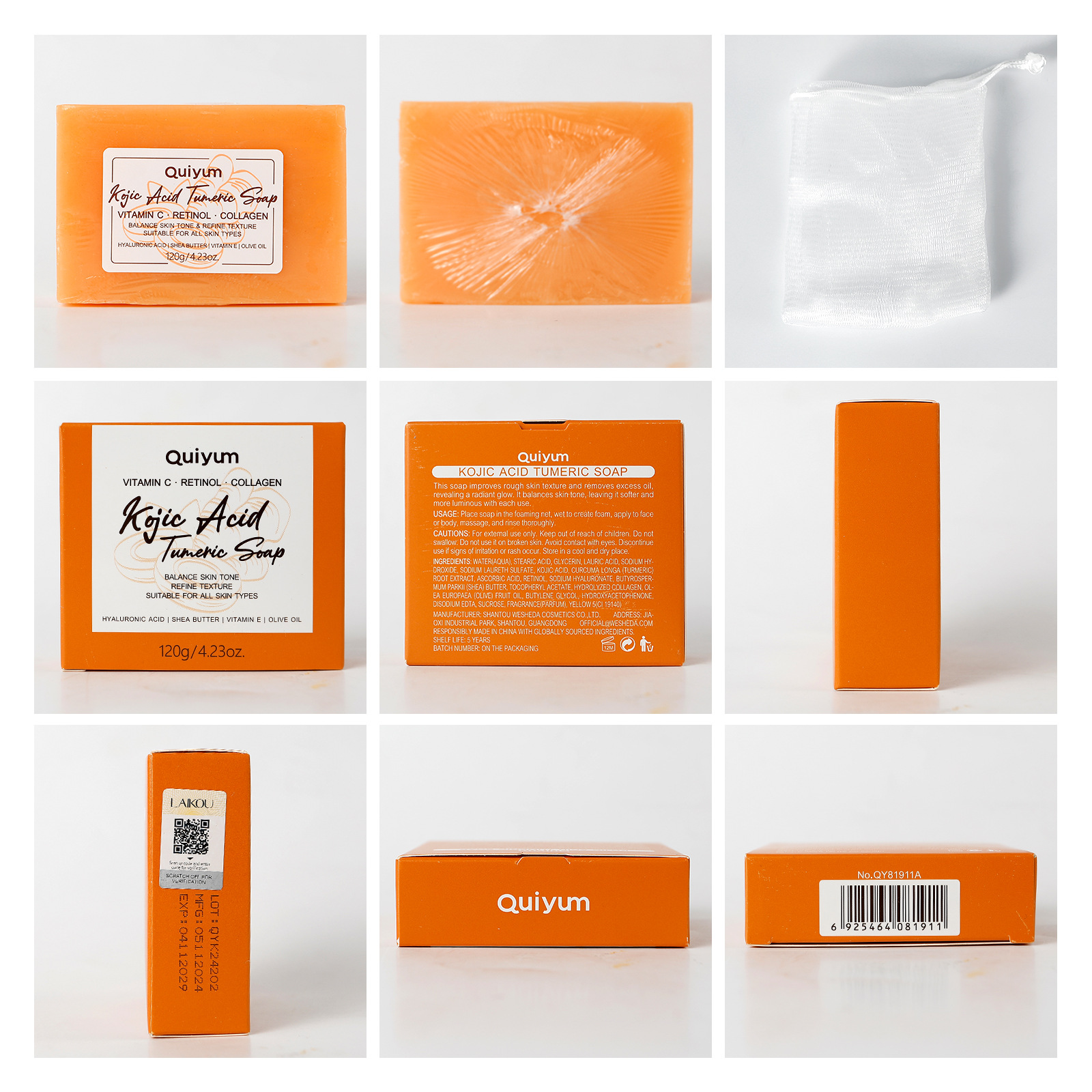 Cross-border full English version QUIYUM Curcumic acid Cleaning Handmade Soap 120g Soap Essential oil soap manufacturer wholesale Specification drawing